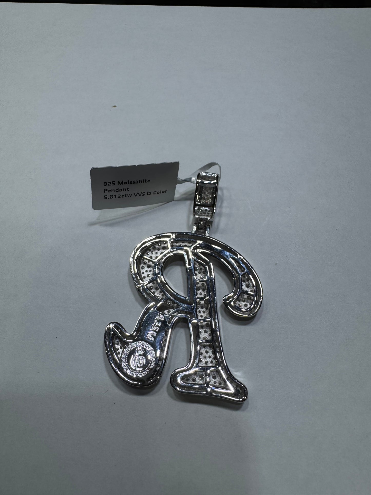 925 silver Hollo Letter "R" Pendant VVS Moissanite 5.18ctw 18.6 grams