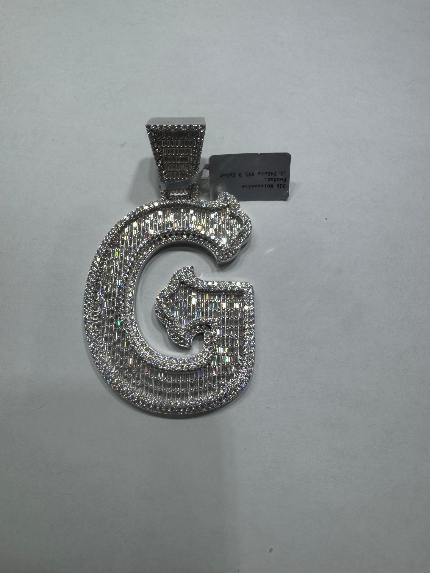925 silver VVS Moissanite Letter "G" pendant 61.7 Grams 12.76ctw