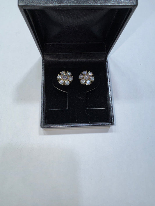 Flower shaped earrings solid Silver plated yellow gold VVS Moissanite screw back Large 14mm