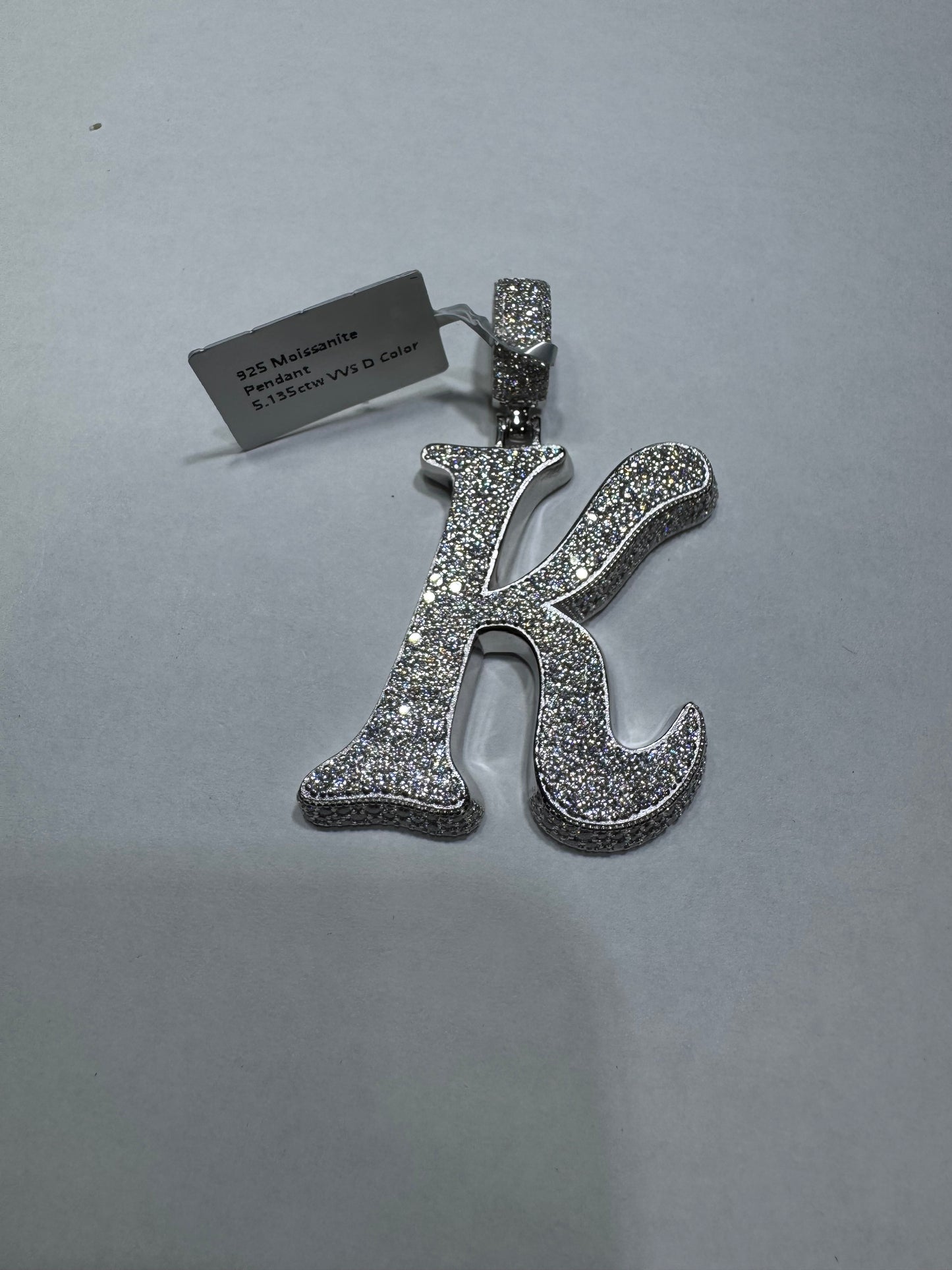 925 silver Hollo Letter "K" pendant VVS Moissanite 5.13ctw 18 grams