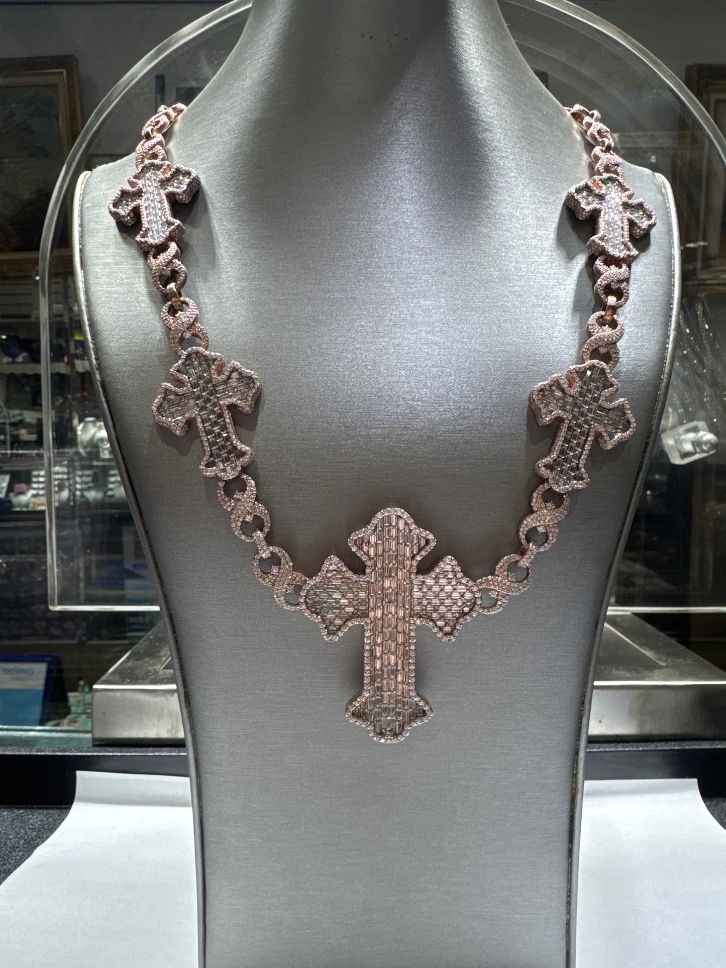 925 Silver Plated Rose Gold VVS Moissanite "Infiniti chain with crosses all around" 140.3 grams