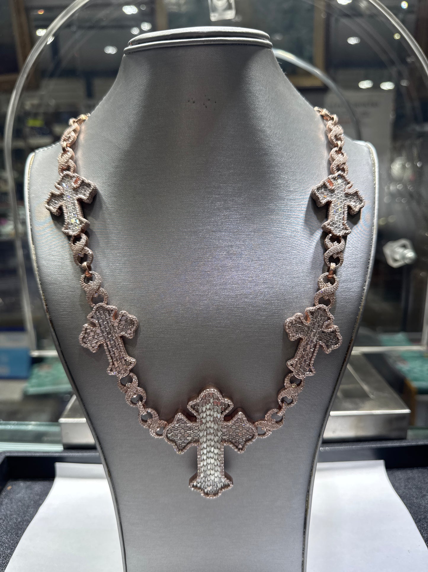 925 Silver Plated Rose Gold VVS Moissanite "Infiniti chain with crosses all around" 140.3 grams
