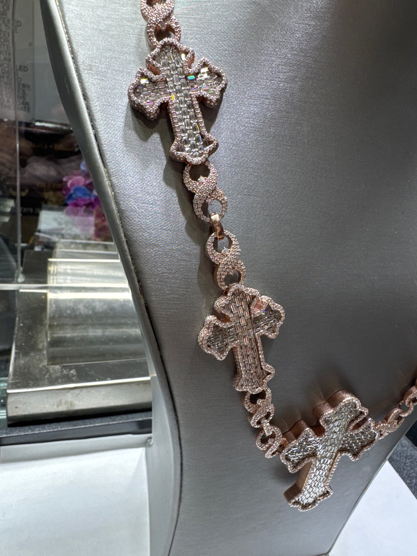 925 Silver Plated Rose Gold VVS Moissanite "Infiniti chain with crosses all around" 140.3 grams