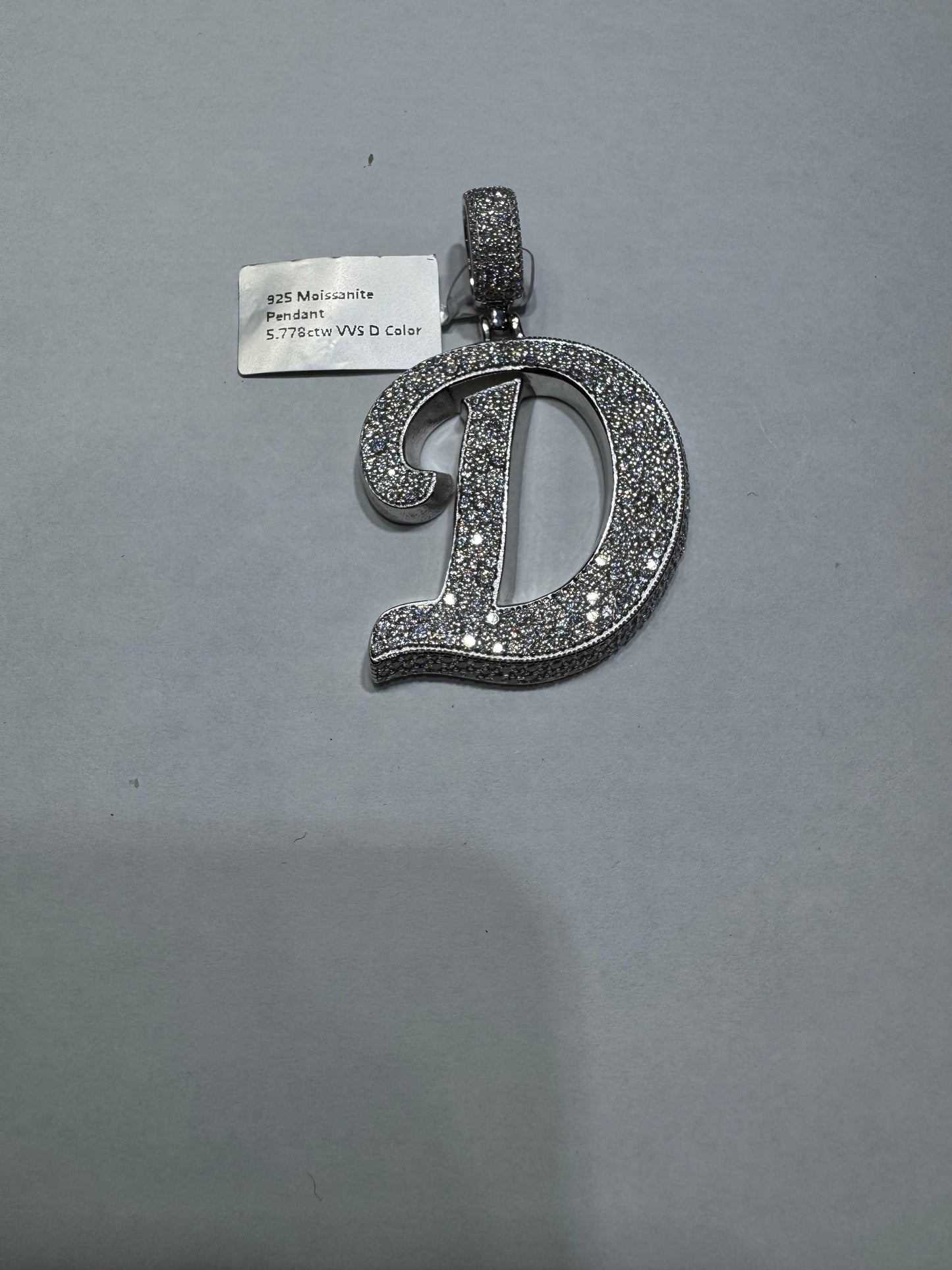 925 Silver Hollo Letter "D" Pendant VVS Moissanite 5.77ctw 19 grams