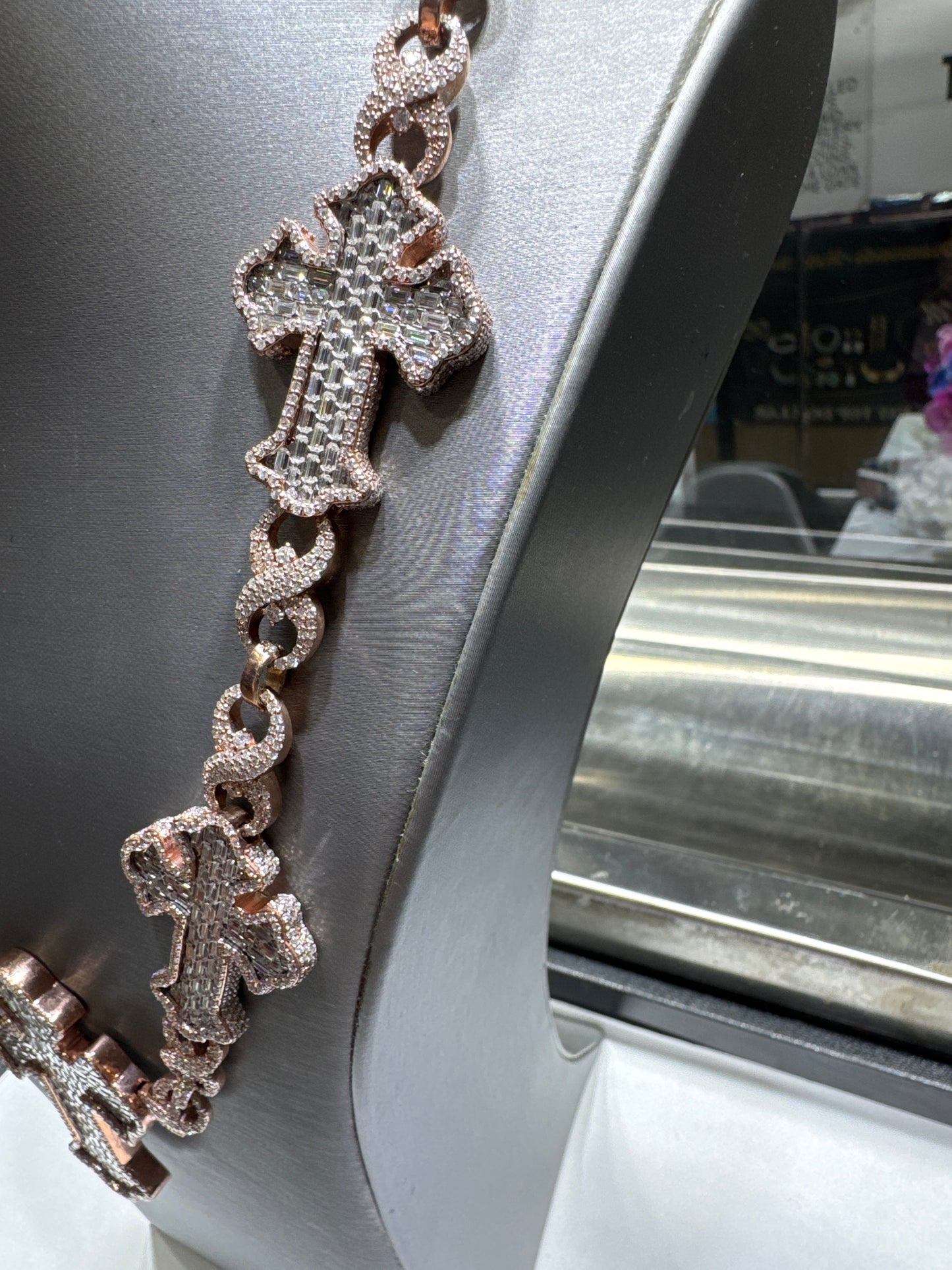 925 Silver Plated Rose Gold VVS Moissanite "Infiniti chain with crosses all around" 140.3 grams