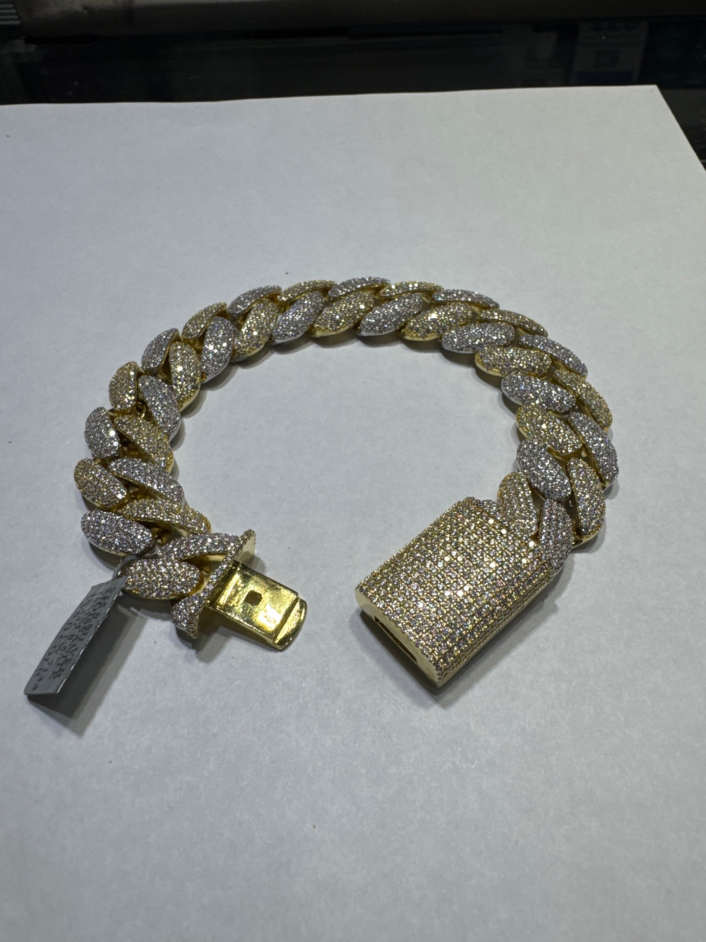 925 Silver Two-Tone Yellow Gold plated VVS Moissanite 16.83ctw 18mm 128.6 Grams "Cuban Link" Bracelet