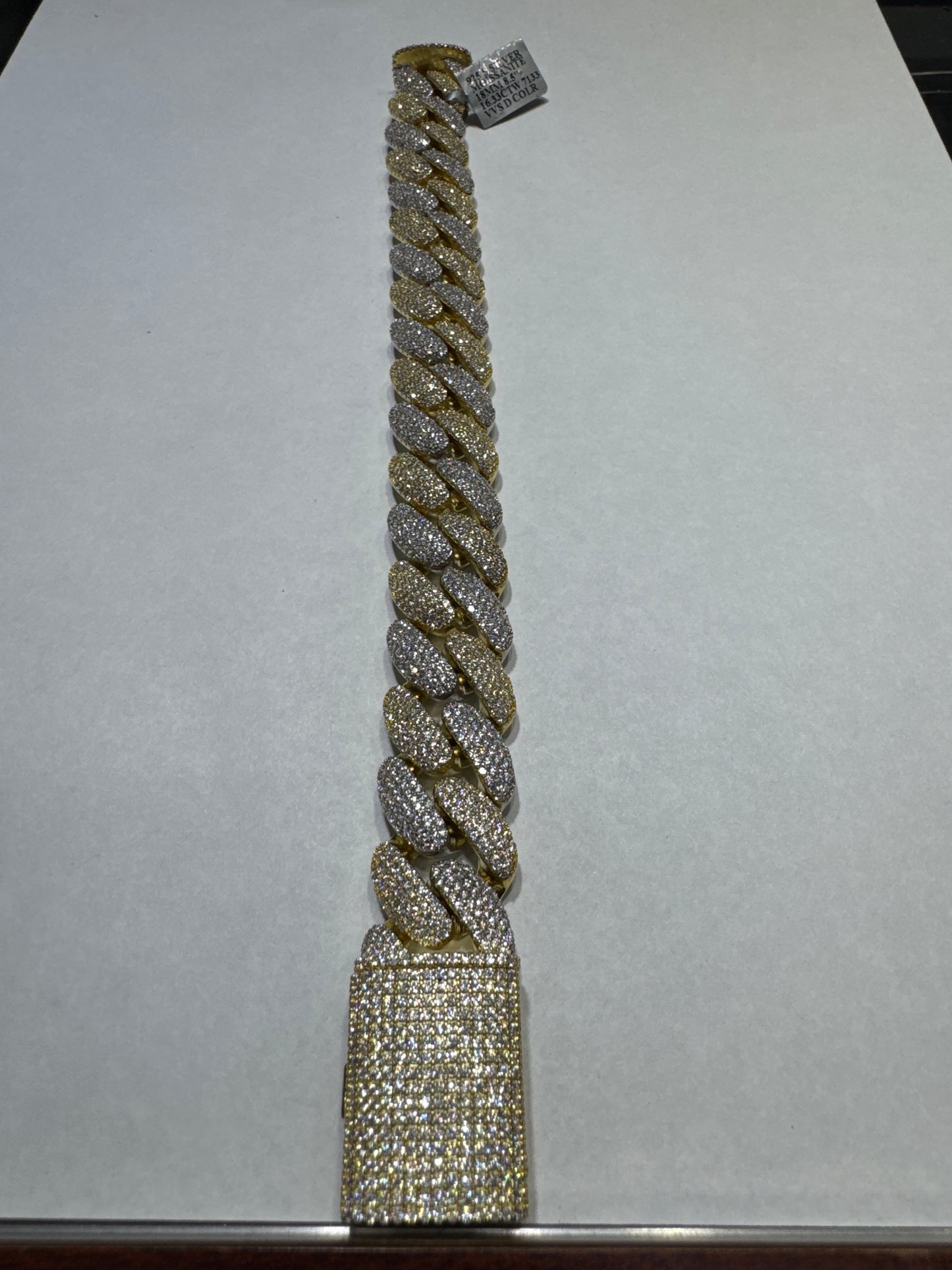 925 Silver Two-Tone Yellow Gold plated VVS Moissanite 16.83ctw 18mm 128.6 Grams "Cuban Link" Bracelet
