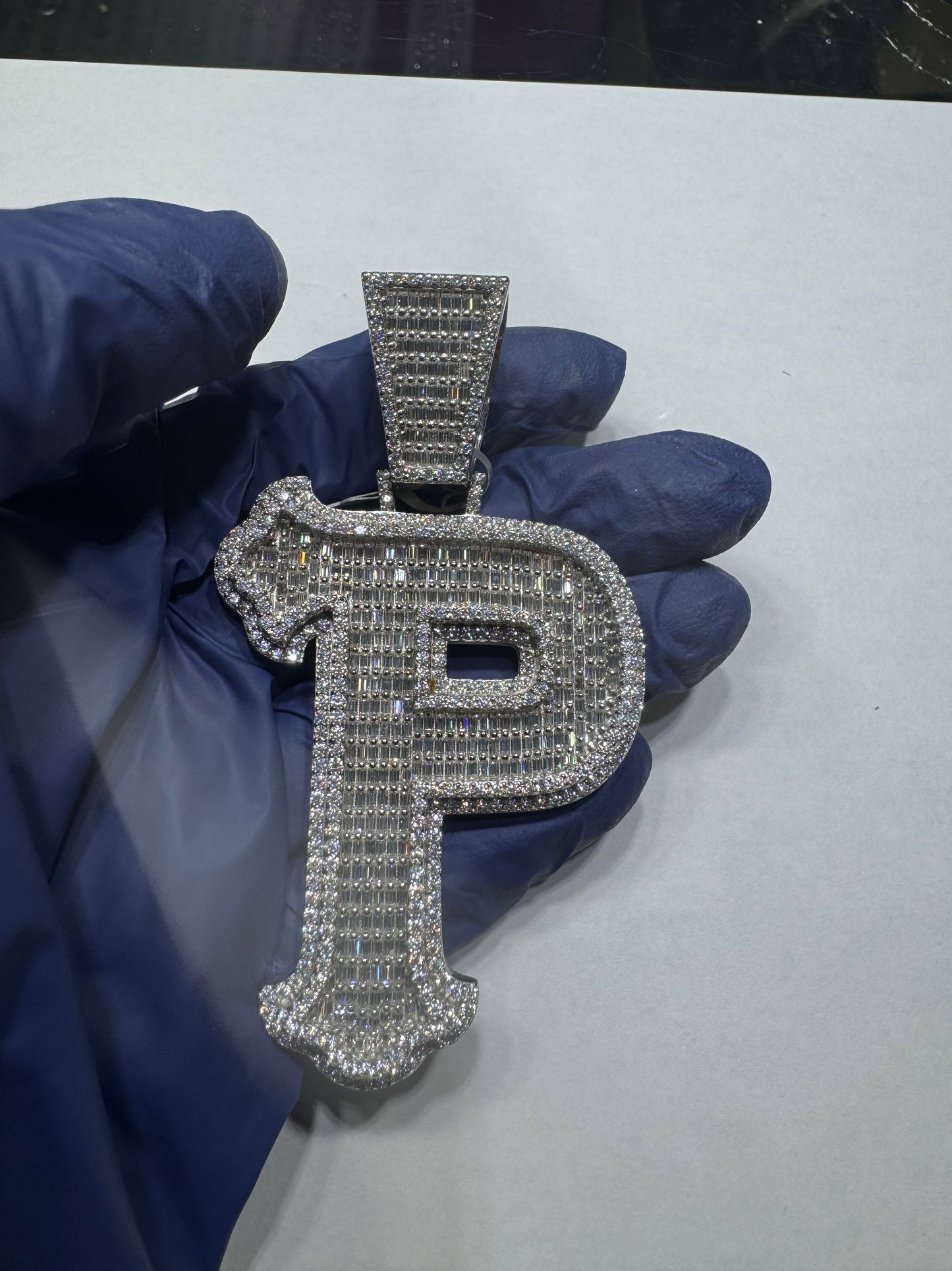 925 silver VVS Moissanite Letter "P" Pendant 51.1 Grams 10.82ctw