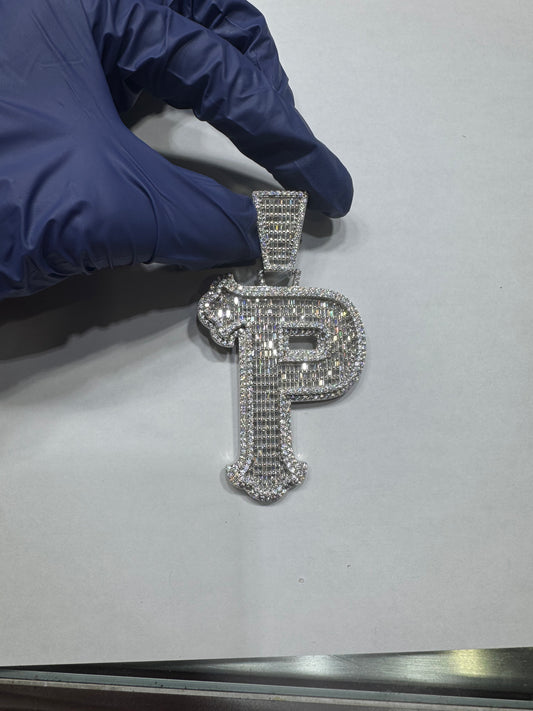 925 silver VVS Moissanite Letter "P" Pendant 51.1 Grams 10.82ctw