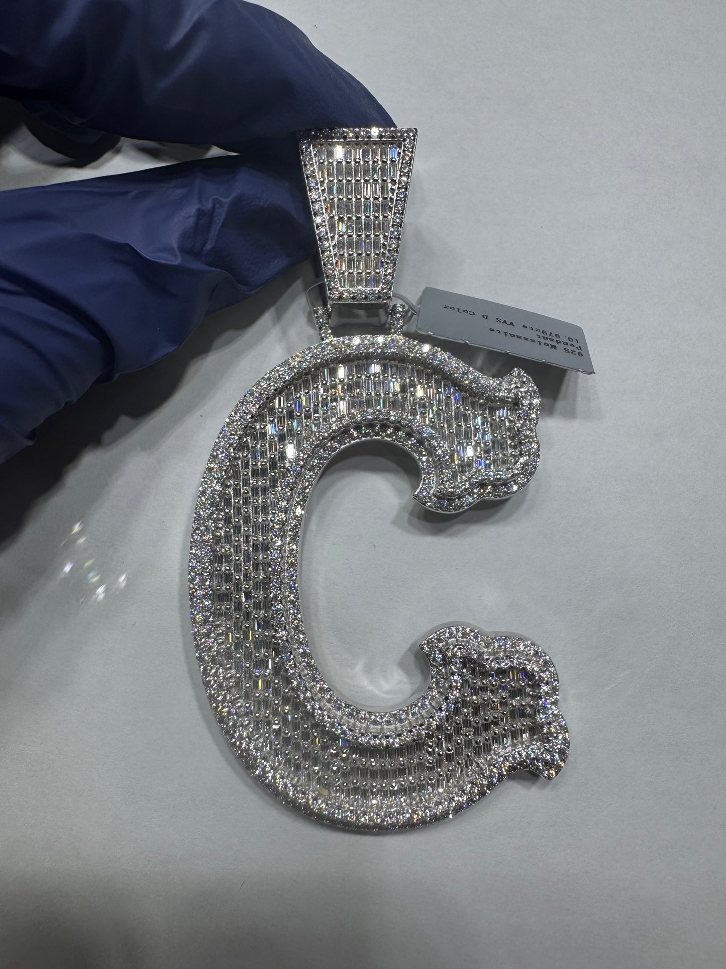 925 silver VVS Moissanite Letter "C" pendant 52.7 grams 10.97ctw