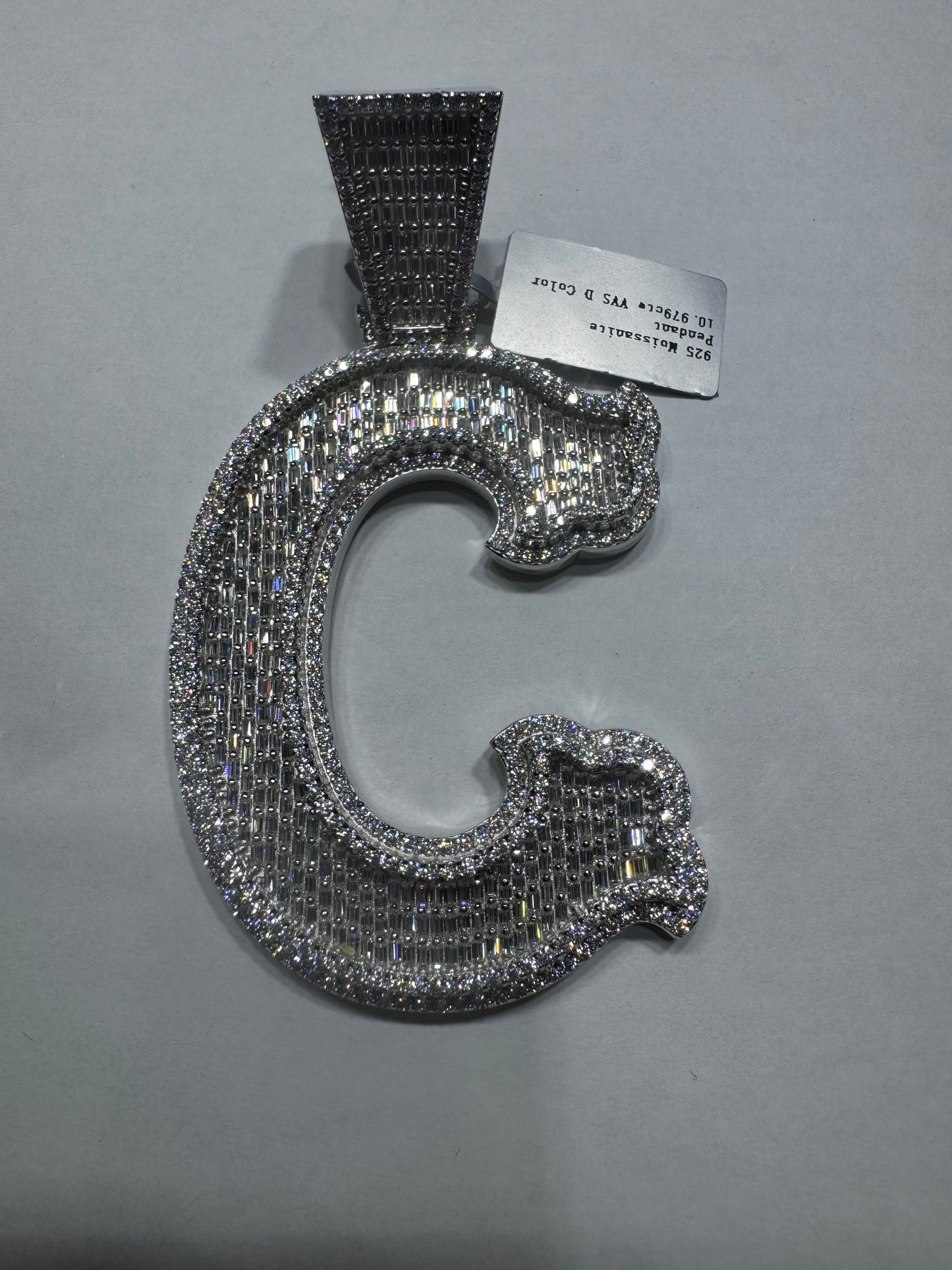 925 silver VVS Moissanite Letter "C" pendant 52.7 grams 10.97ctw