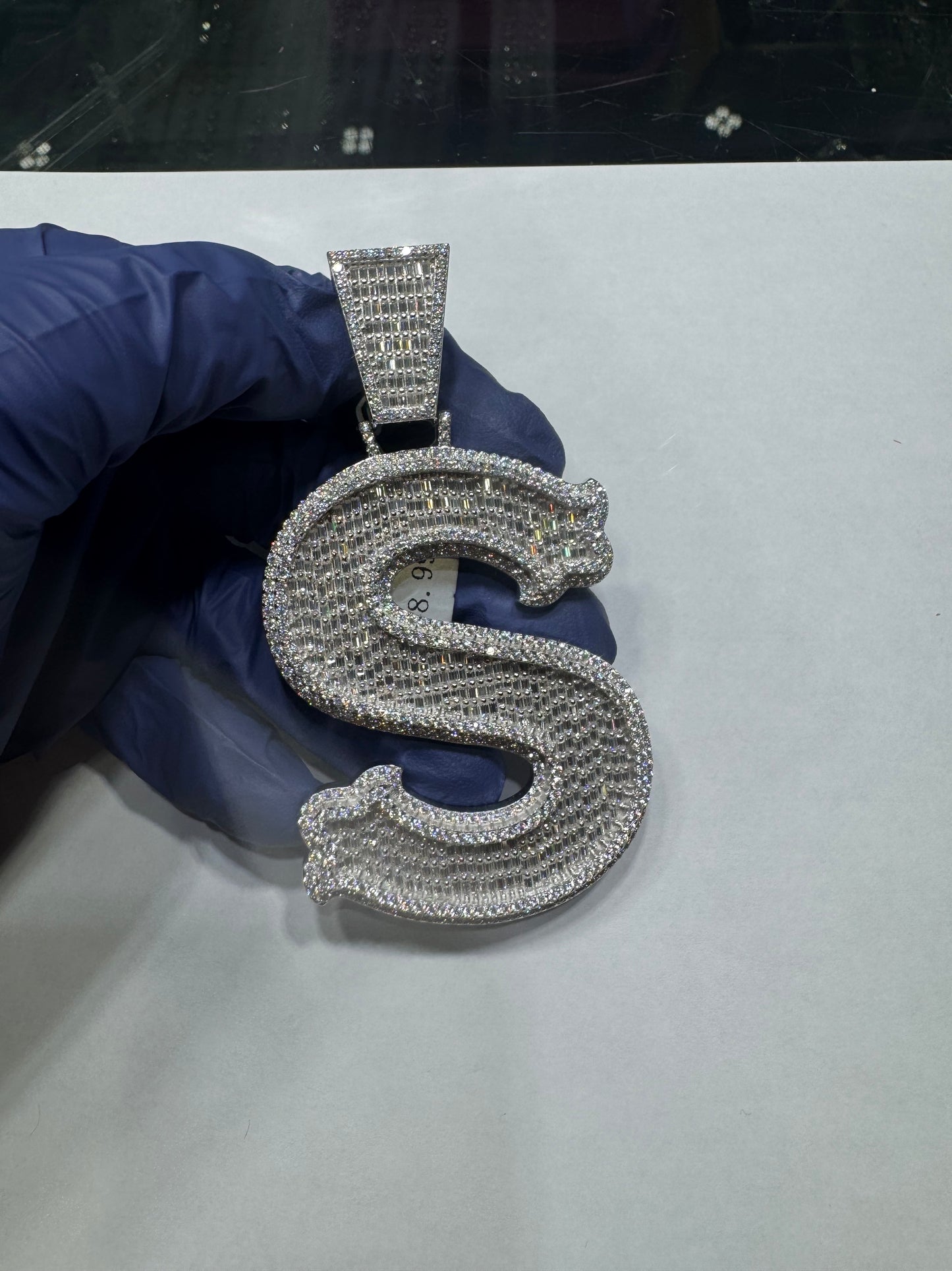 925 silver VVS moissanite Letter "S" Pendant 60.9 Grams 11.53ctw