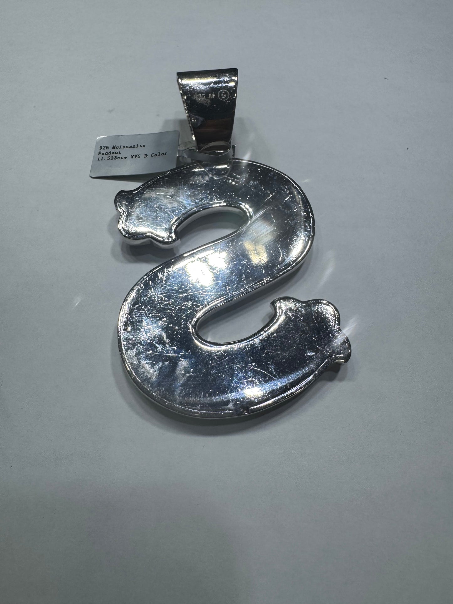 925 silver VVS moissanite Letter "S" Pendant 60.9 Grams 11.53ctw