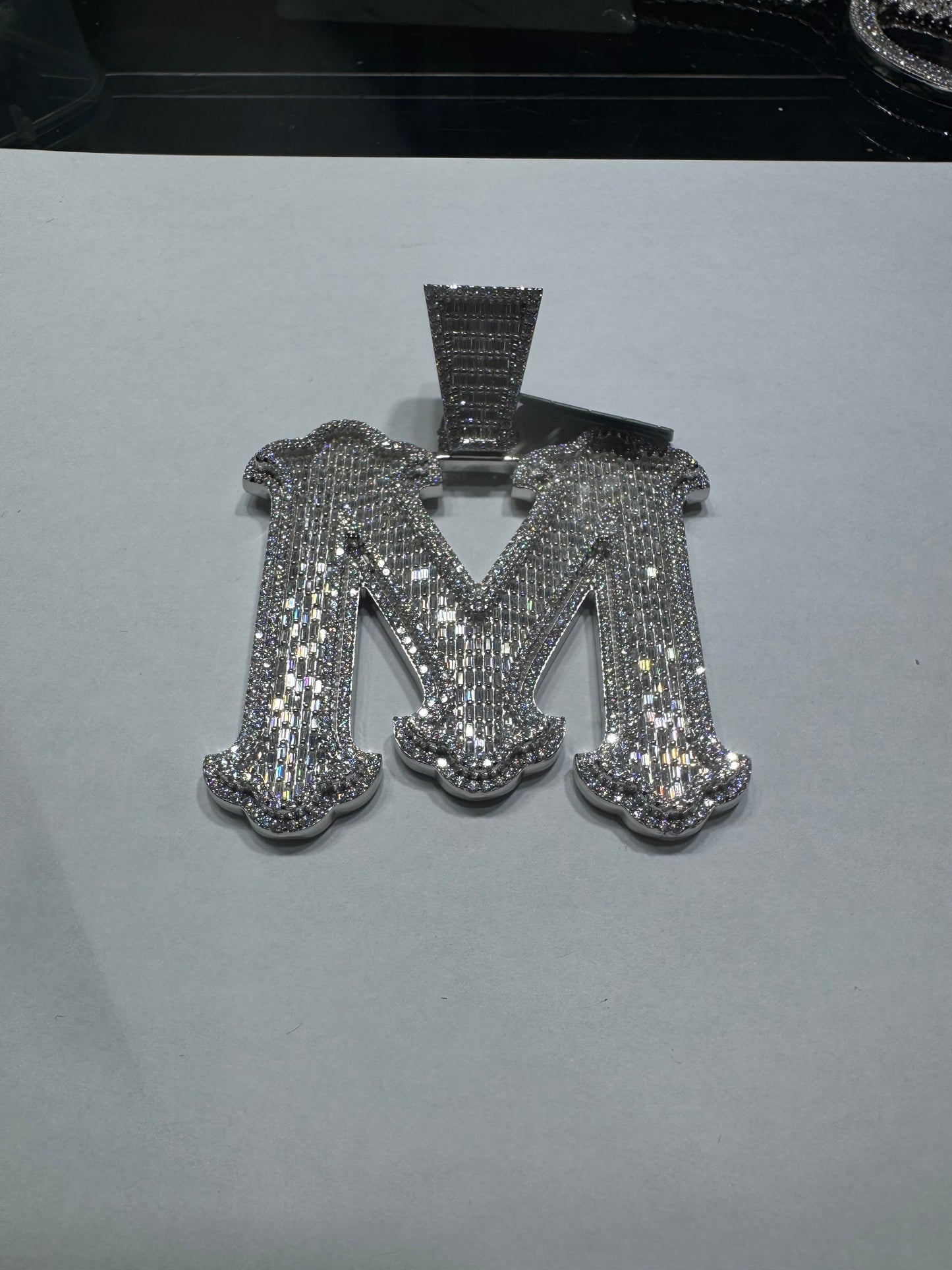925 silver VVS Moissanite Letter "M" Pendant 85.1 Grams 16.14ctw