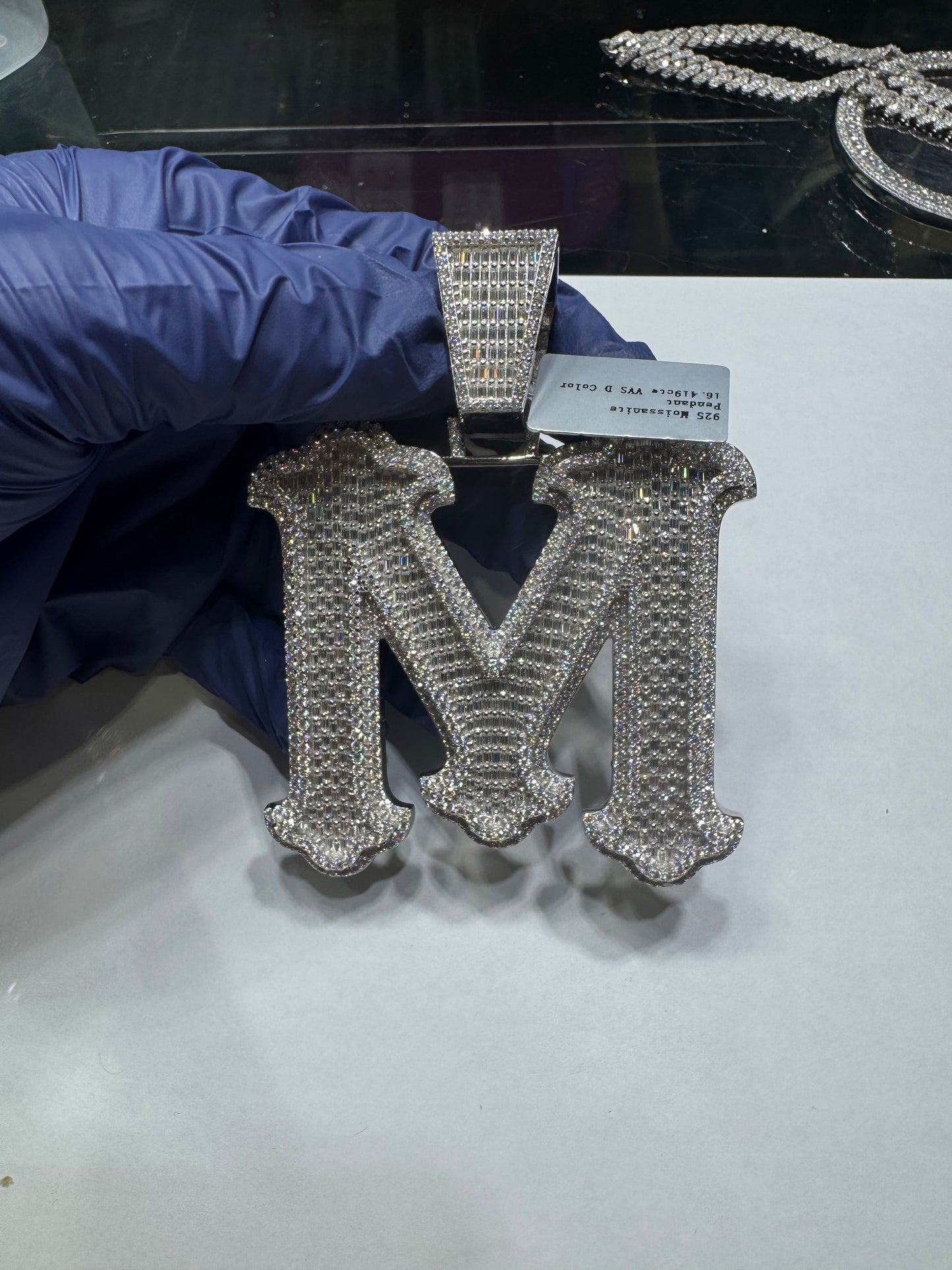 925 silver VVS Moissanite Letter "M" Pendant 85.1 Grams 16.14ctw