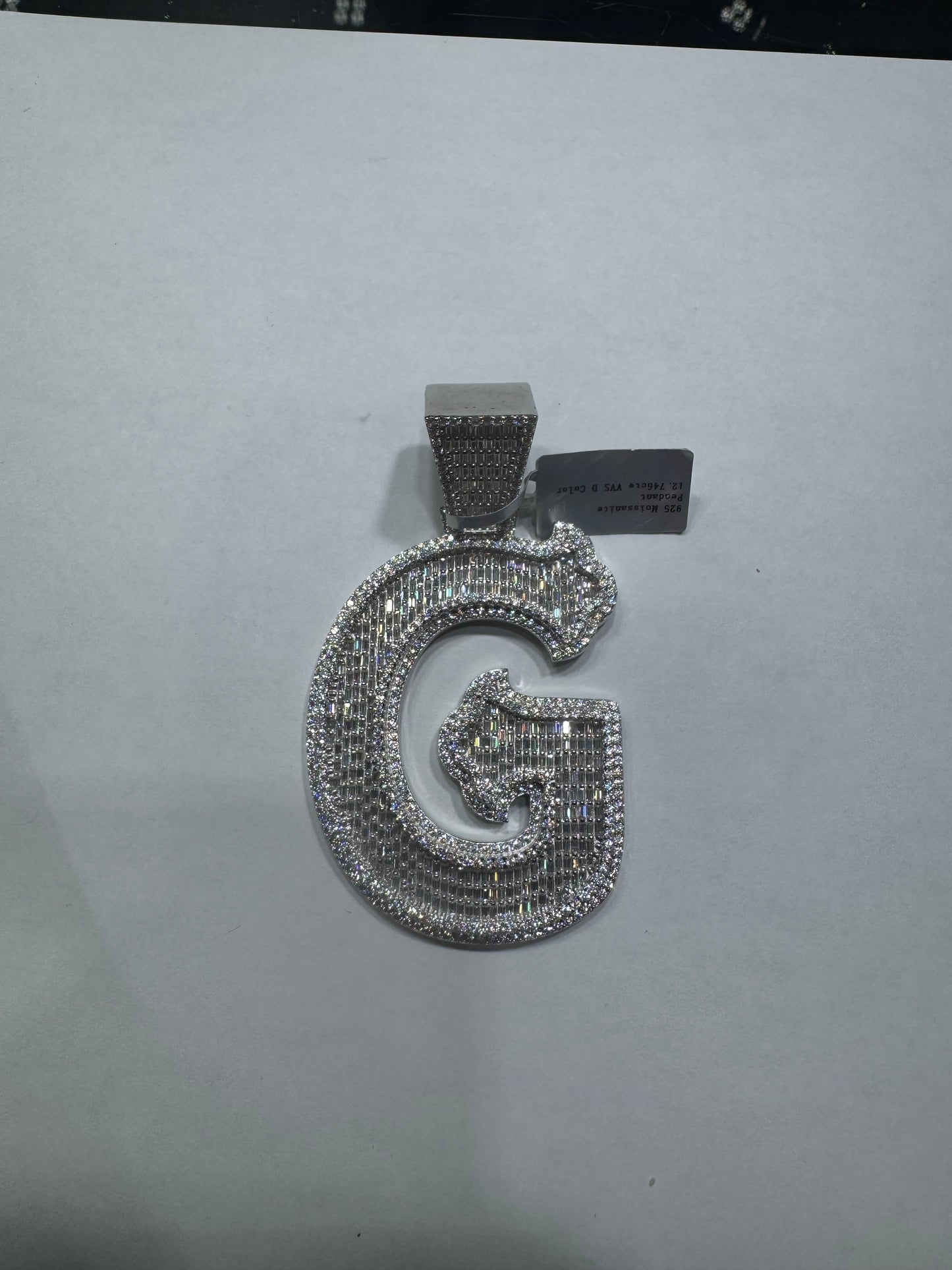 925 silver VVS Moissanite Letter "G" pendant 61.7 Grams 12.76ctw
