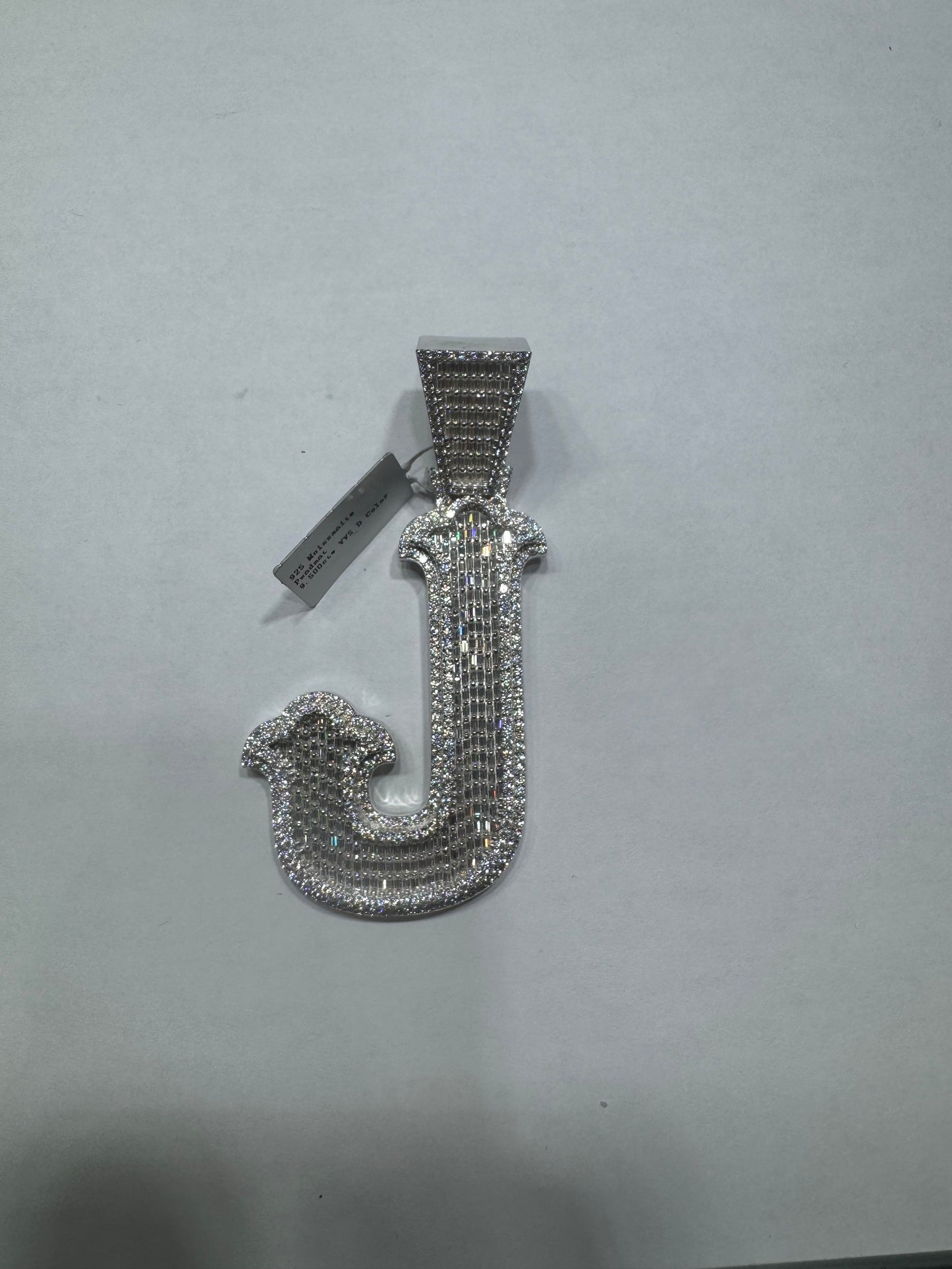 925 silver VVS Moissanite Letter "J" Pendant 43.7 grams 9.50ctw