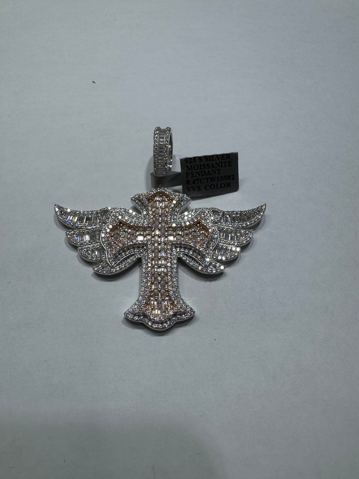 925 silver Solid "Cross on Wings" VVS Moissanite 8.47ctw 26.3 grams