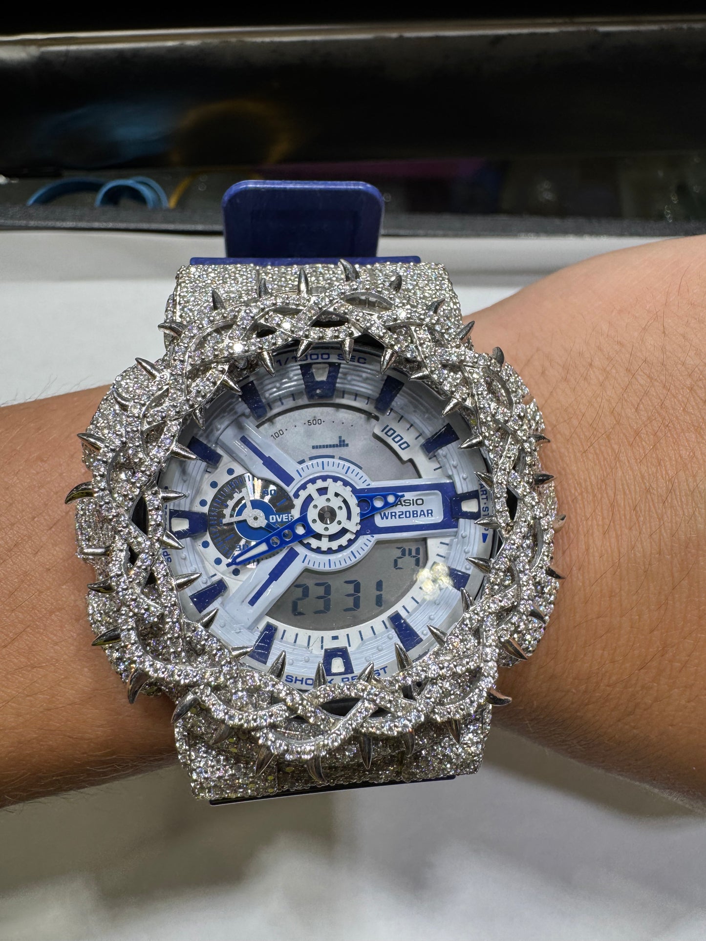G shock CASIO WR20BAR Blue Band VVS Moissanite Passes diamond tester Blue buttons With box and papers