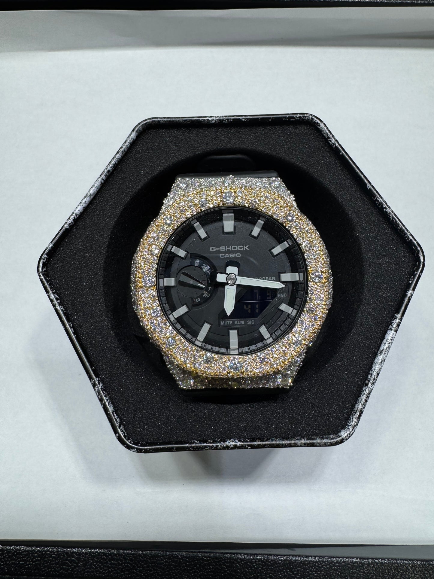 G shock CASIO WR20BAR Plated gold Bezel Silver on outside VVS Moissanite Black Band