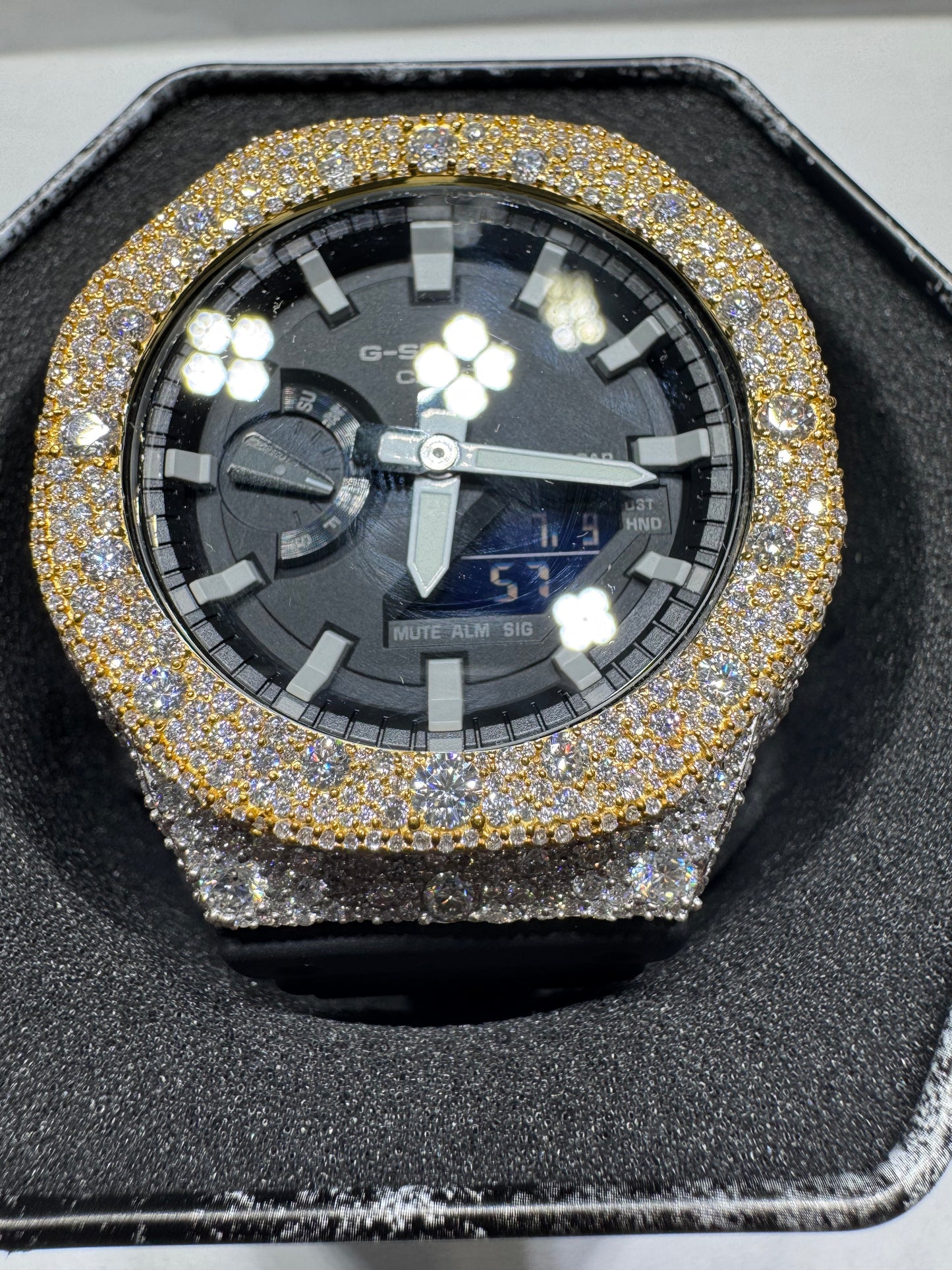 G shock CASIO WR20BAR Plated gold Bezel Silver on outside VVS Moissanite Black Band