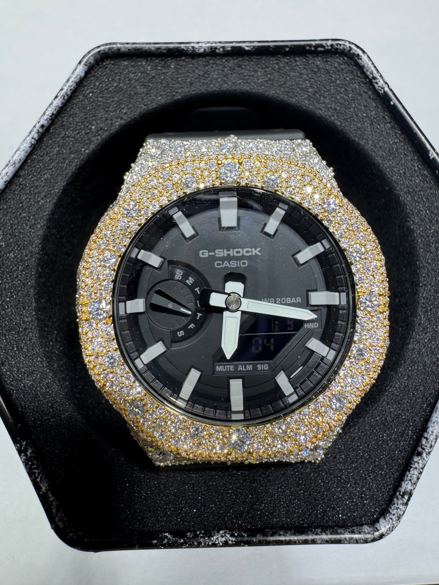 G shock CASIO WR20BAR Plated gold Bezel Silver on outside VVS Moissanite Black Band