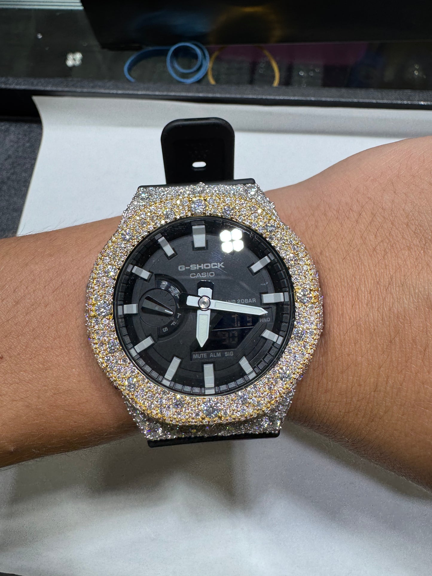 G shock CASIO WR20BAR Plated gold Bezel Silver on outside VVS Moissanite Black Band